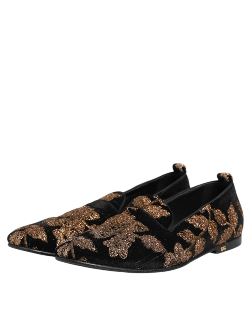 Dolce & Gabbana Black Floral Embroidery Men's Loafers