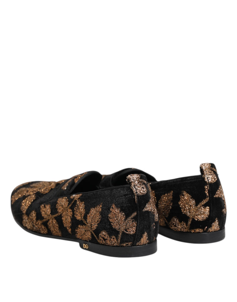 Dolce & Gabbana Black Floral Embroidery Men's Loafers