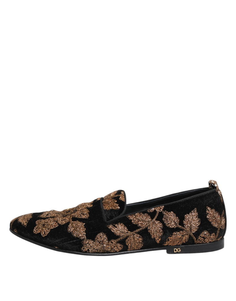 Dolce & Gabbana Black Floral Embroidery Men's Loafers