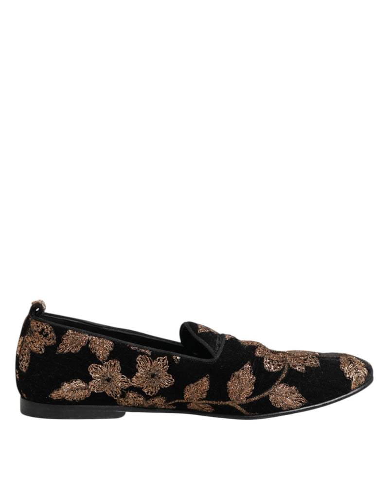 Dolce & Gabbana Black Floral Embroidery Men's Loafers