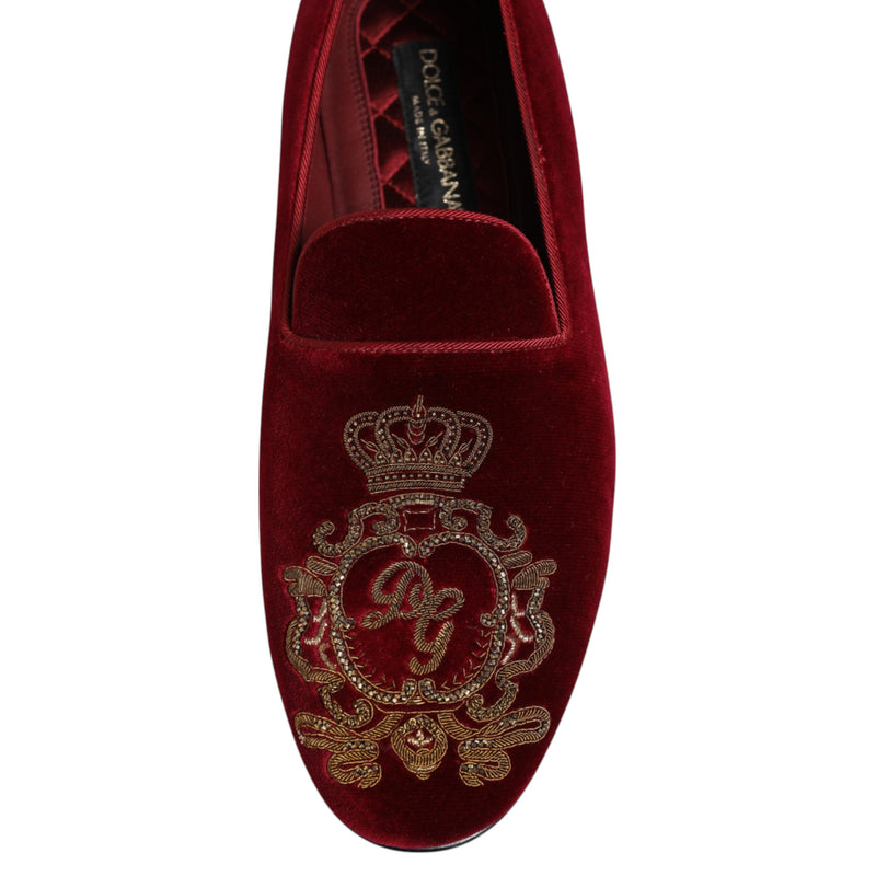 Dolce & Gabbana Red Velvet Gold Crown Men's Loafers