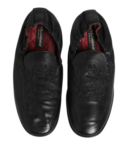 Dolce & Gabbana Black Leather Slip On Men Flat Loafers Shoes