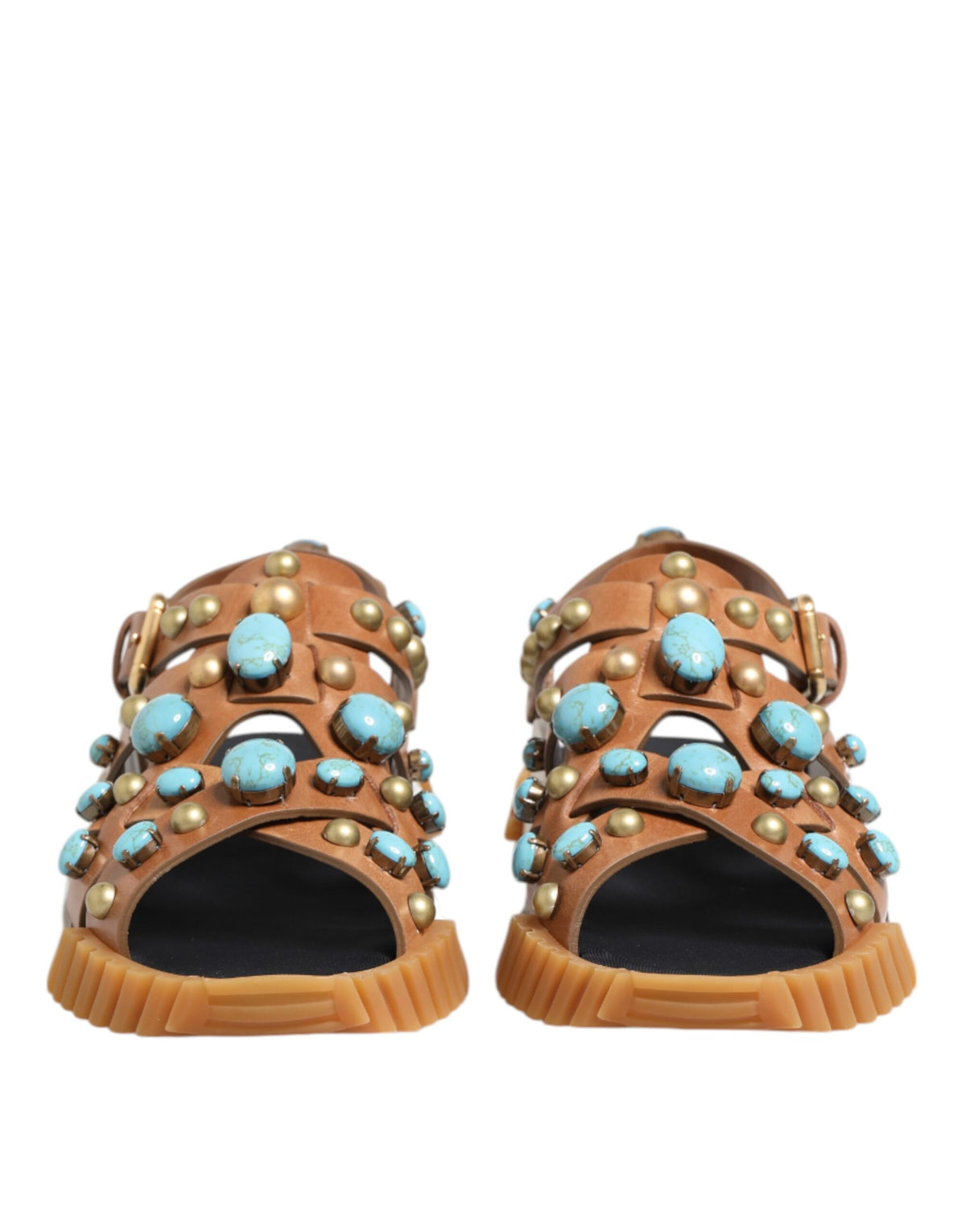 Dolce & Gabbana Brown Leather Studded Slides Sandals