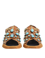 Dolce & Gabbana Brown Leather Studded Slides Sandals