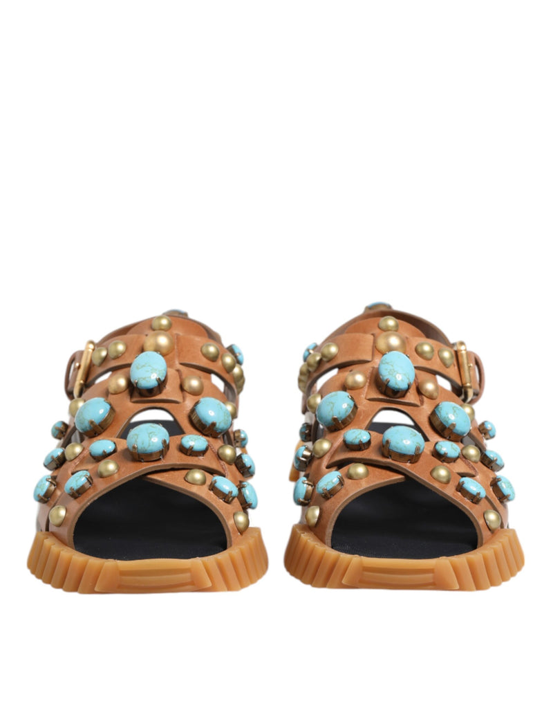 Dolce & Gabbana Brown Leather Studded Slides Sandals