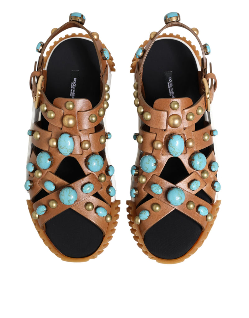 Dolce & Gabbana Brown Leather Studded Slides Sandals