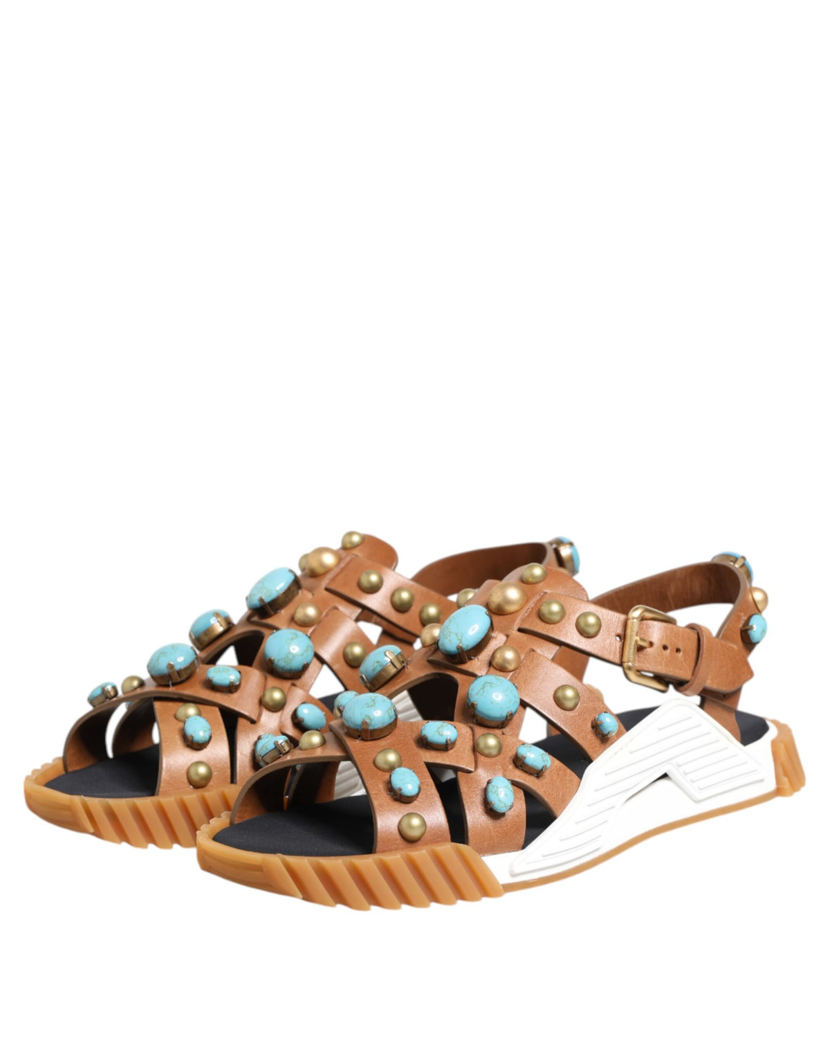 Dolce & Gabbana Brown Leather Studded Slides Sandals