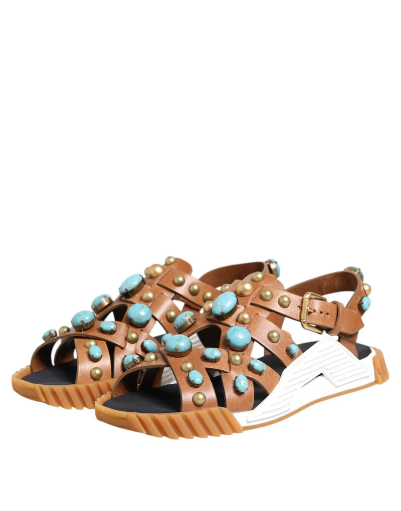 Dolce & Gabbana Brown Leather Studded Slides Sandals