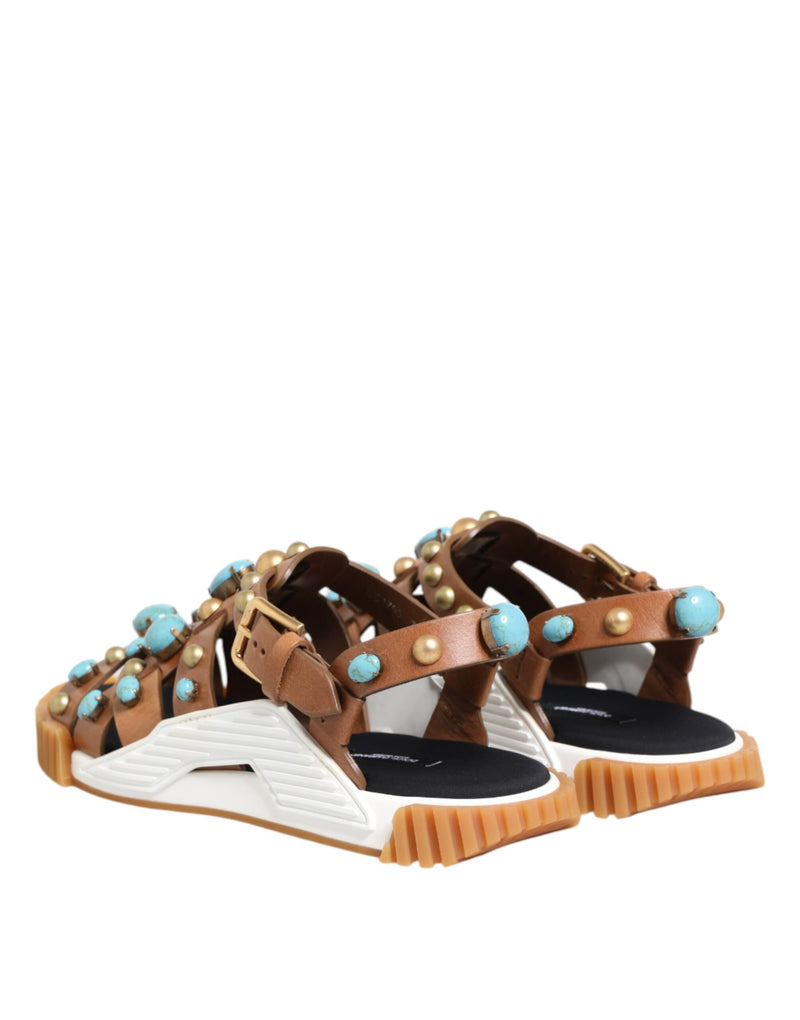 Dolce & Gabbana Brown Leather Studded Slides Sandals