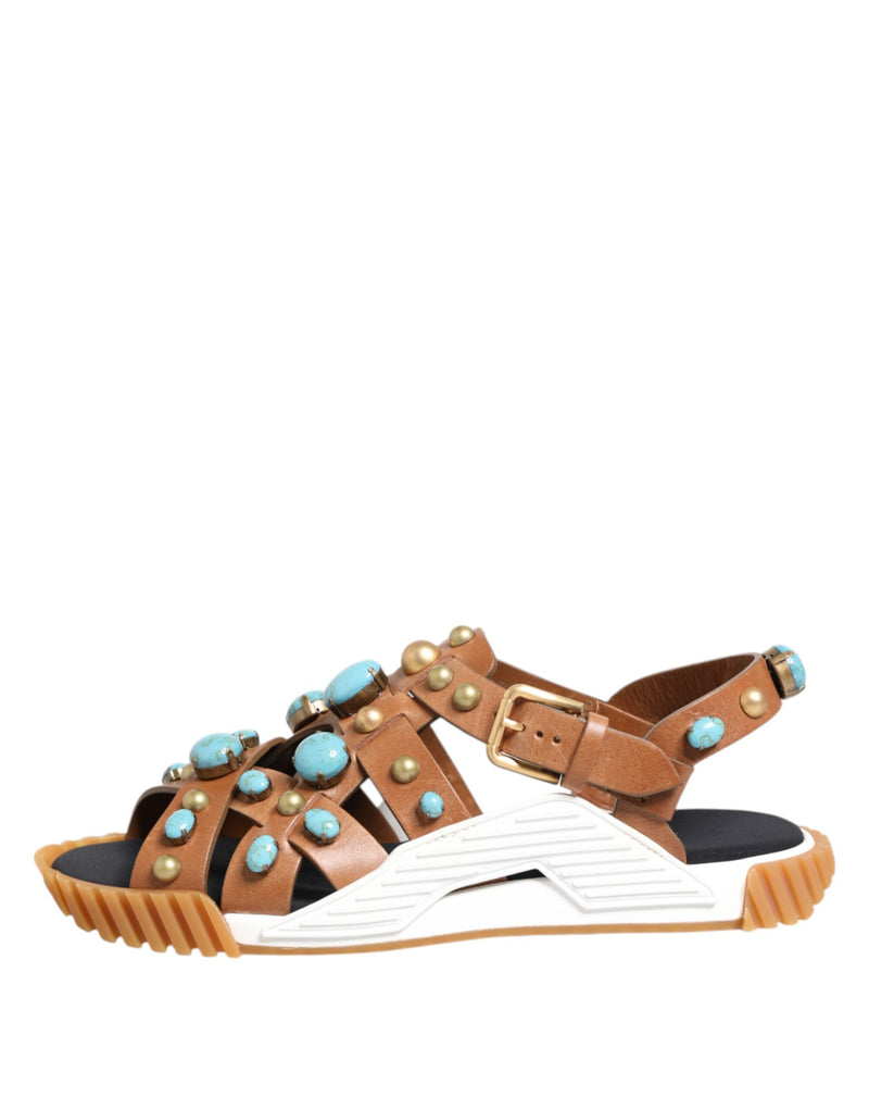 Dolce & Gabbana Brown Leather Studded Slides Sandals