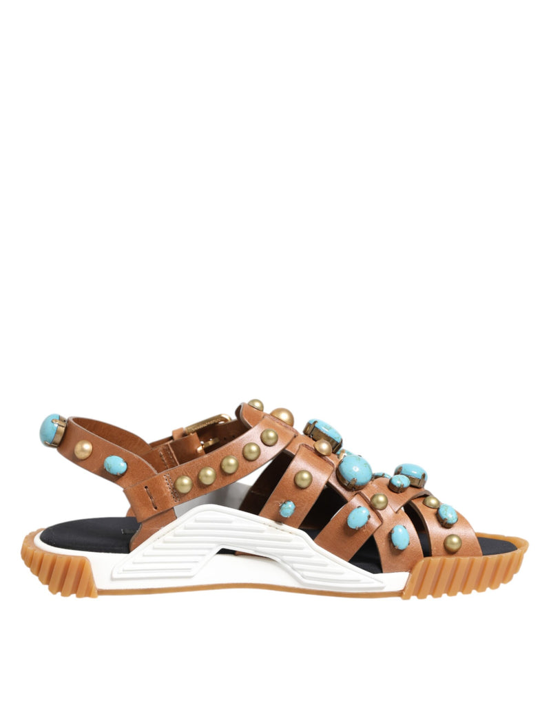 Dolce & Gabbana Brown Leather Studded Slides Sandals
