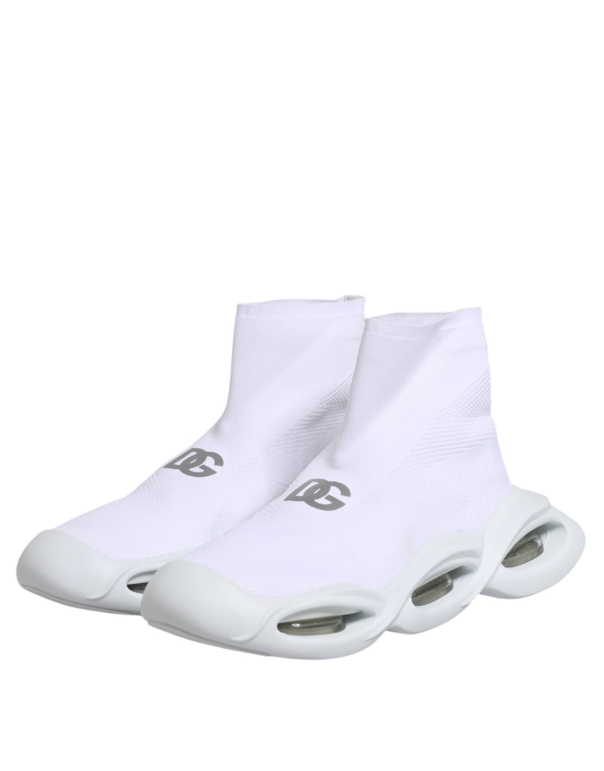 Sneakers blanches et argentées à enfiler Dolce & Gabbana, modèle Wave Socks.