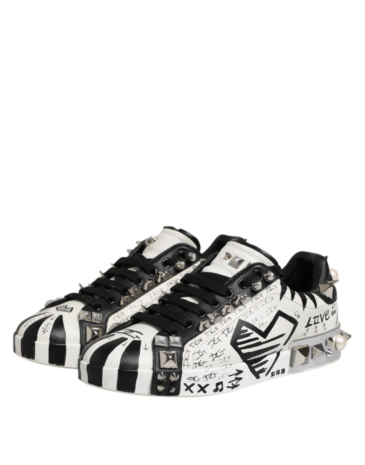 Dolce & Gabbana Black and White Studded Low Top Sneakers