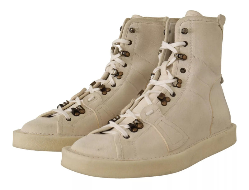 Dolce & Gabbana White Leather Lace Up Men's Boots