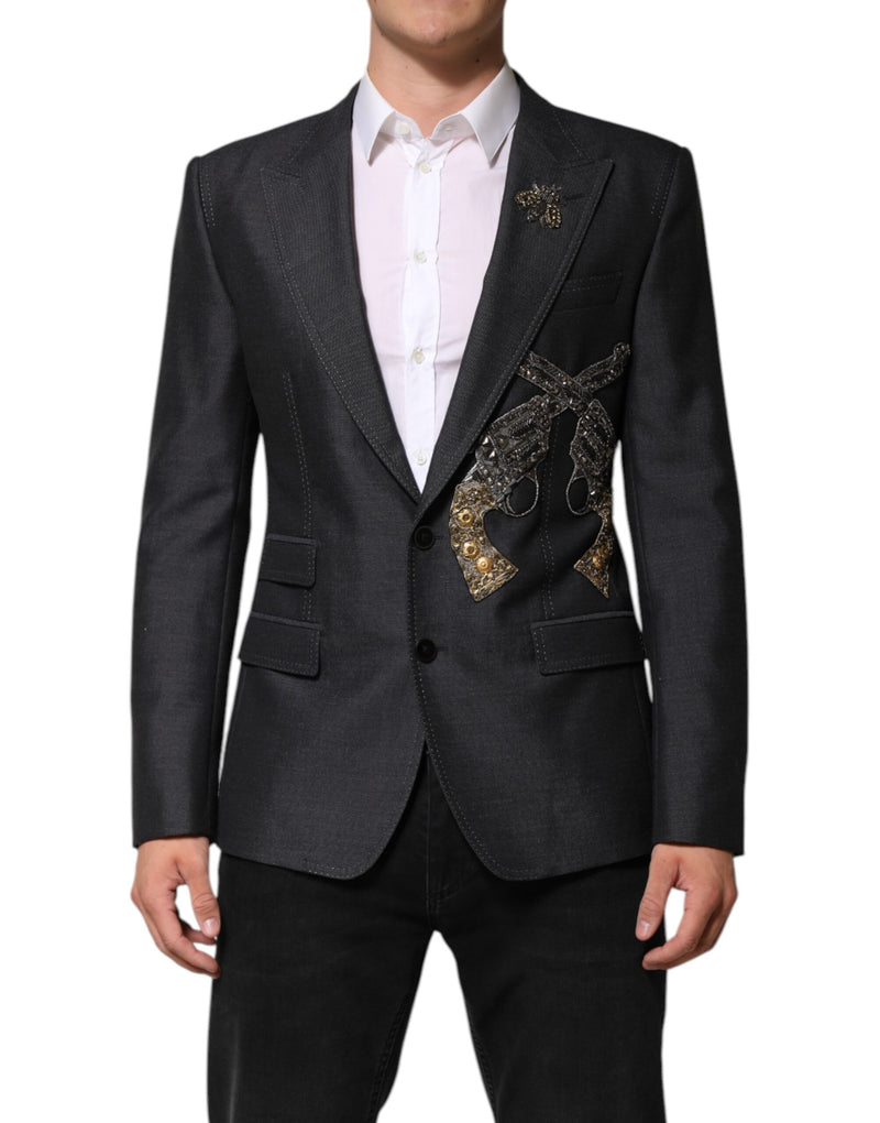 Dolce &amp; Gabbana donkergrijze wollen blazer met bijenborduursel