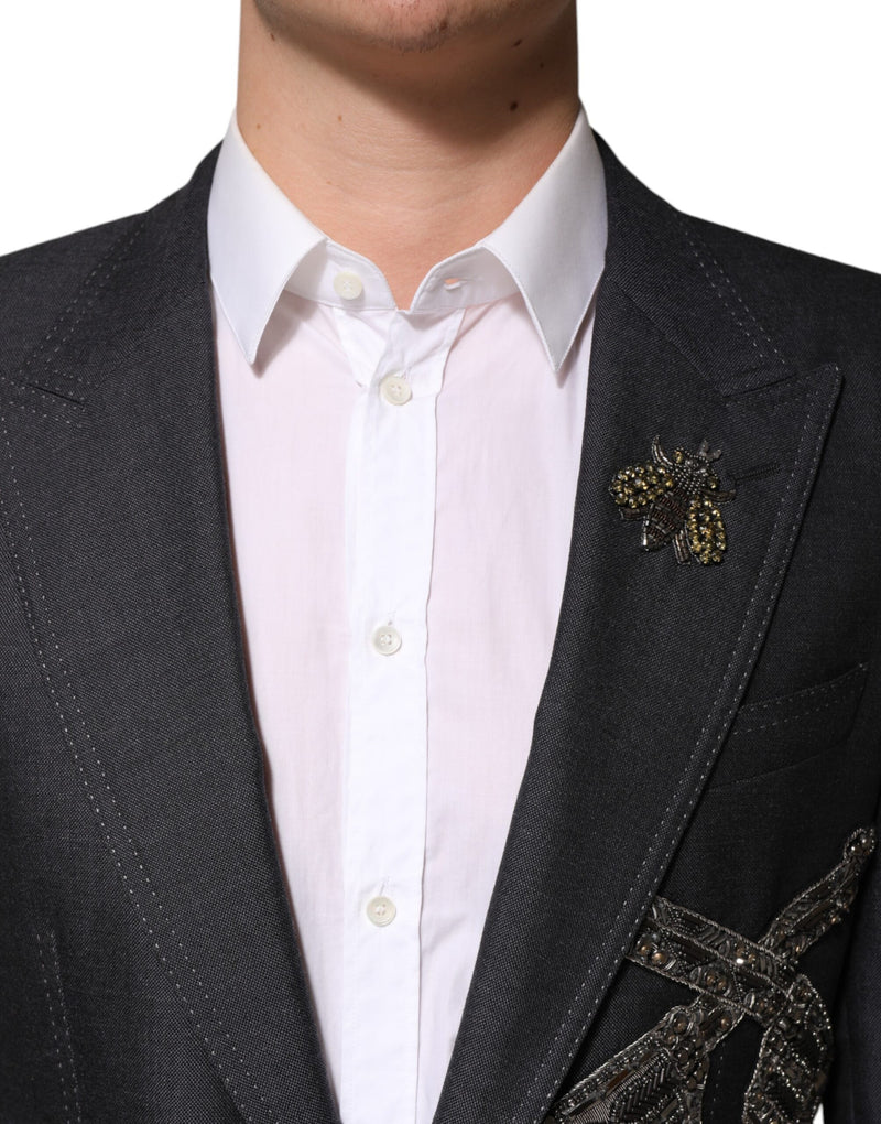 Dolce &amp; Gabbana donkergrijze wollen blazer met bijenborduursel