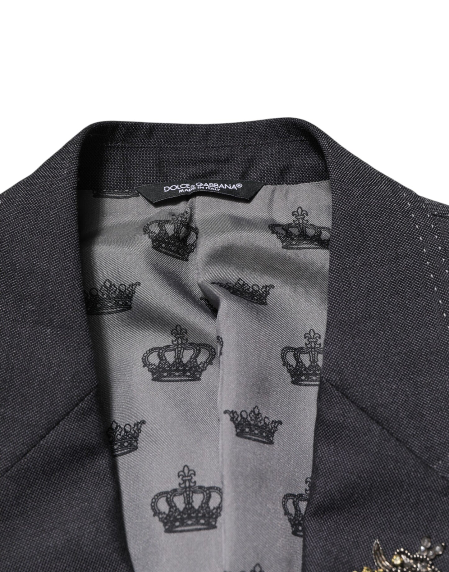 Dolce & Gabbana Dark Gray Bee Embroidery Wool Coat Blazer