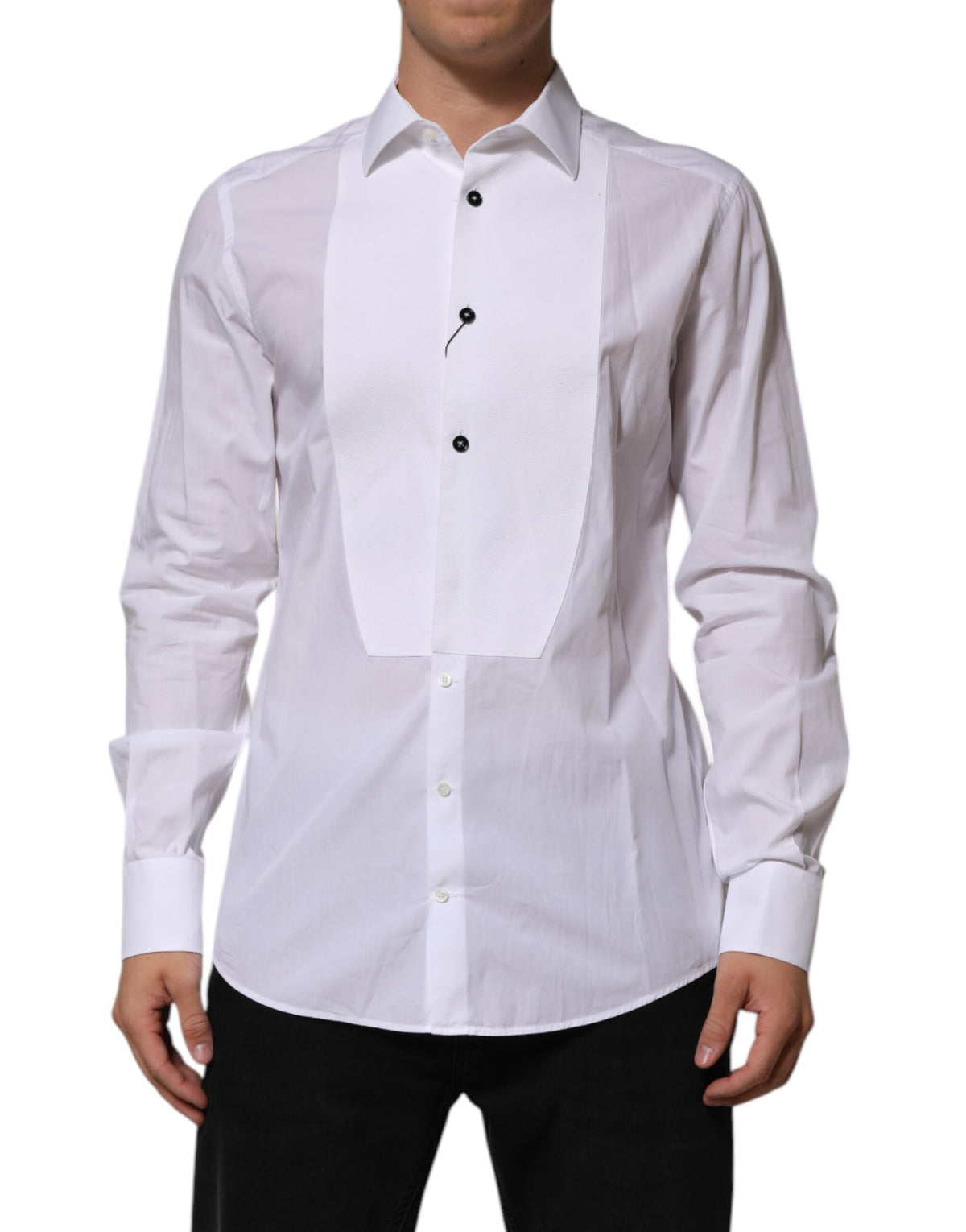 Chemise habillée pour homme en popeline de coton blanche à collet italien de Dolce &amp; Gabbana, dorée.