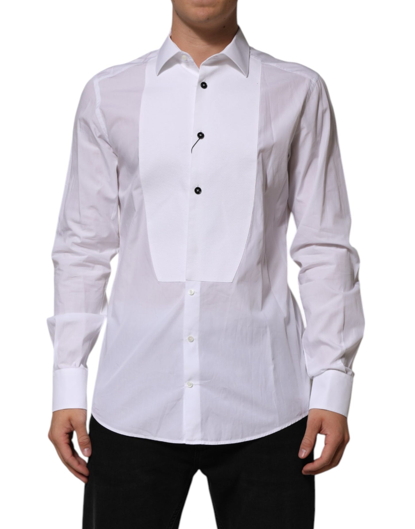 Chemise habillée pour homme en popeline de coton blanche à collet italien de Dolce &amp; Gabbana, dorée.