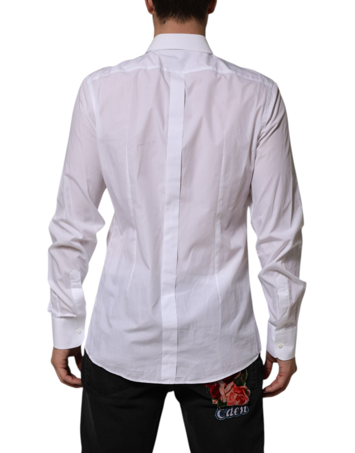Chemise habillée pour homme en popeline de coton blanche à collet italien de Dolce &amp; Gabbana, dorée.
