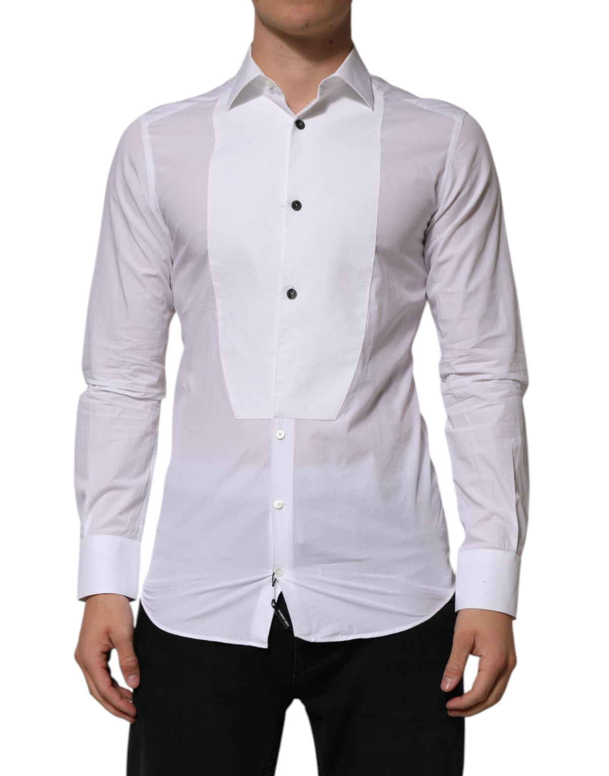 Chemise habillée pour homme en popeline de coton blanche à collet italien de Dolce &amp; Gabbana, dorée.