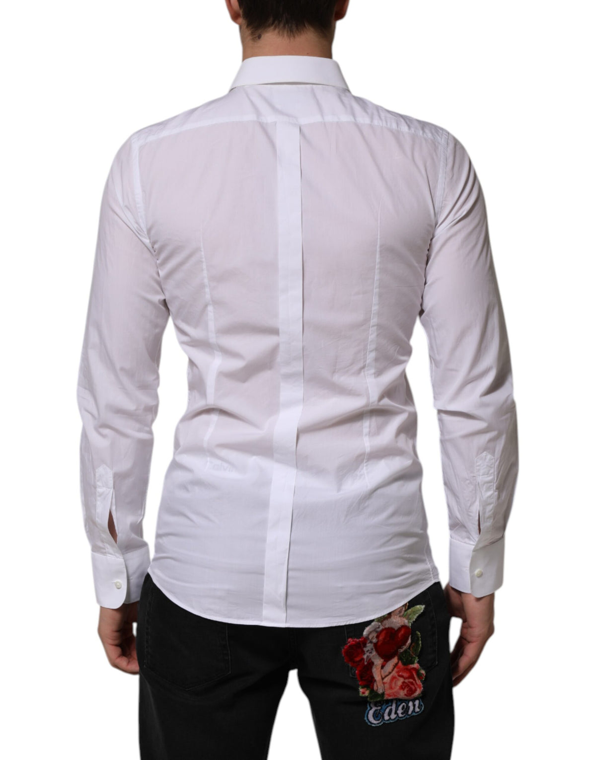 Chemise habillée pour homme en popeline de coton blanche à collet italien de Dolce &amp; Gabbana, dorée.