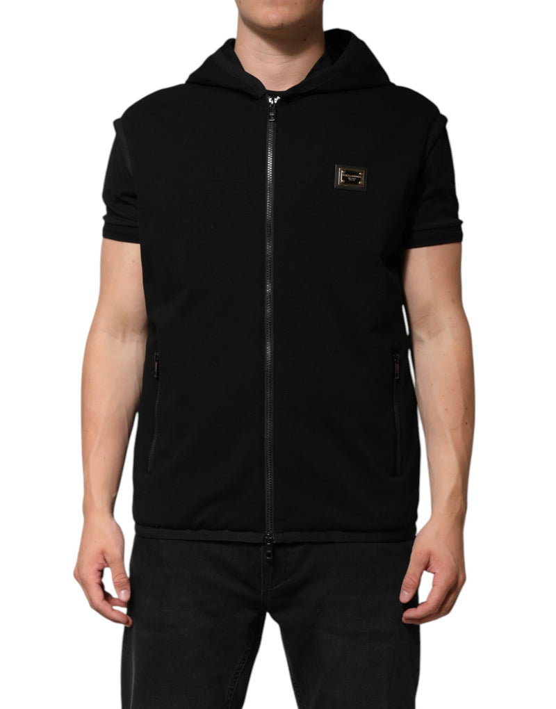 Veste noire sans manches à capuche avec plaque logo de Dolce & Gabbana