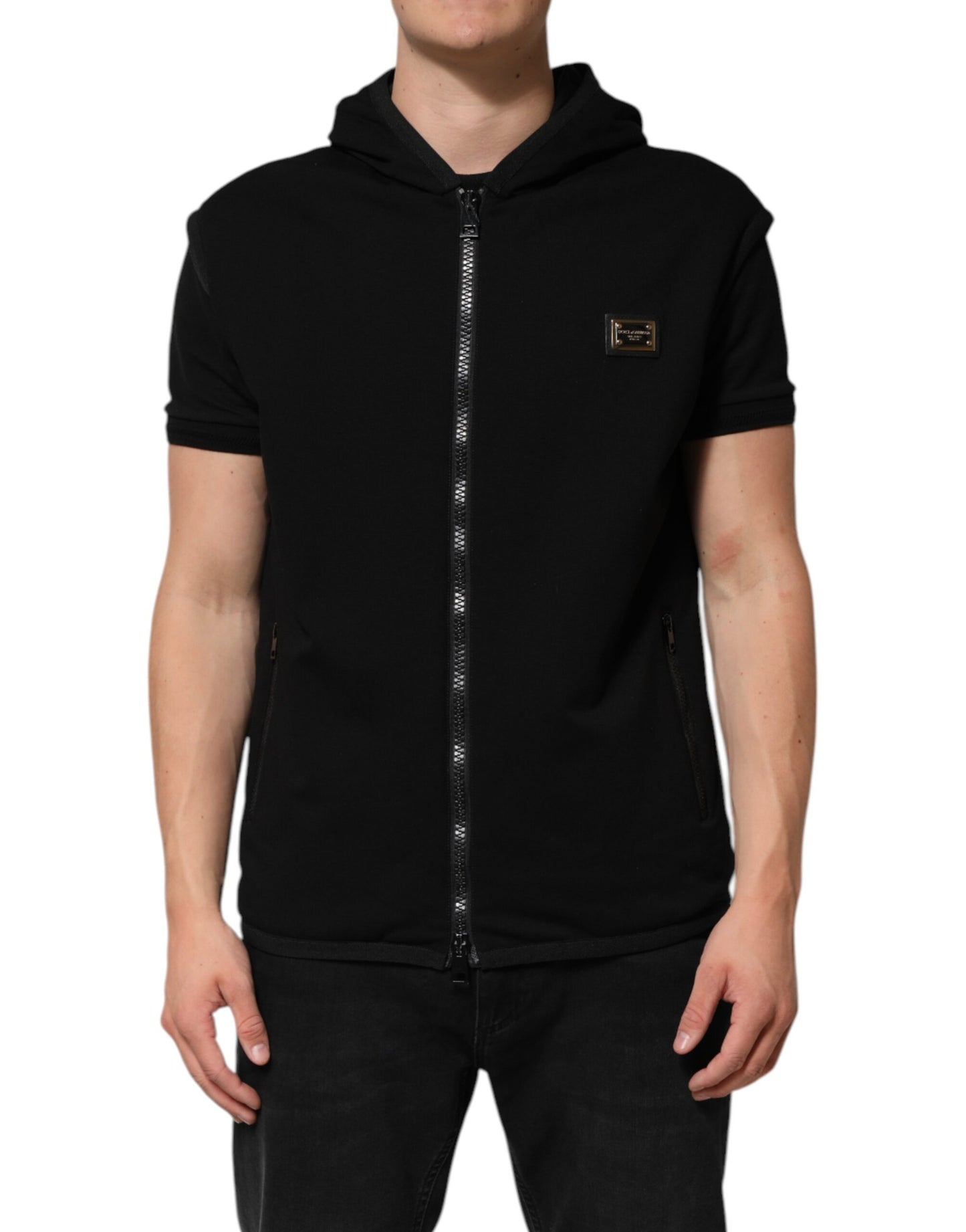 Dolce & Gabbana Black Sleeveless Hooded Logo Plaque Jacket