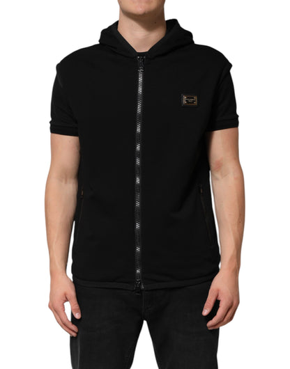 Dolce & Gabbana Black Sleeveless Hooded Logo Plaque Jacket