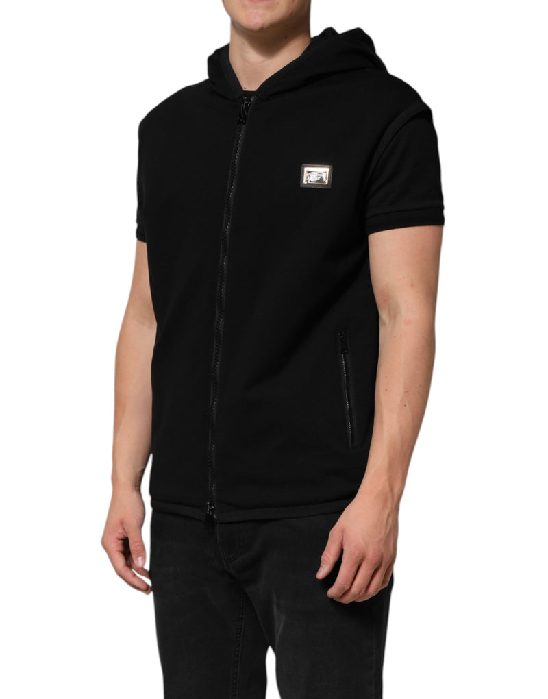 Veste noire sans manches à capuche avec plaque logo de Dolce & Gabbana