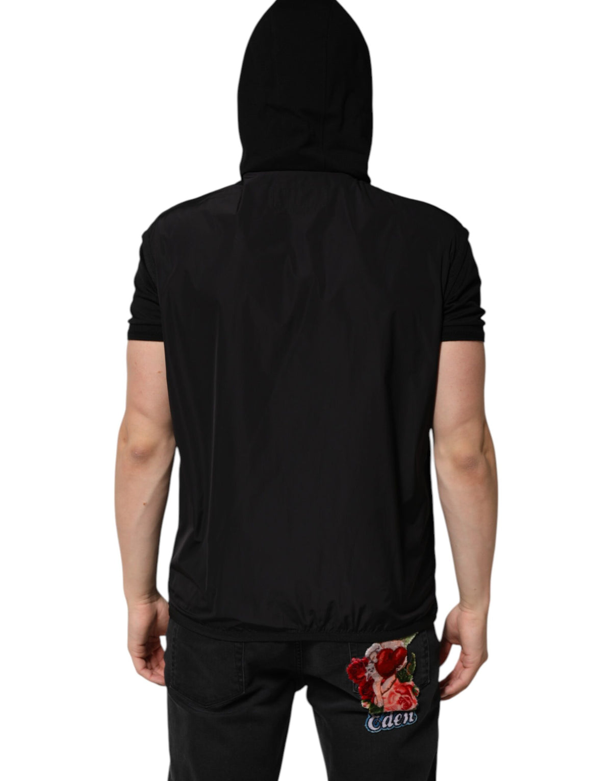 Veste noire sans manches à capuche avec plaque logo de Dolce & Gabbana