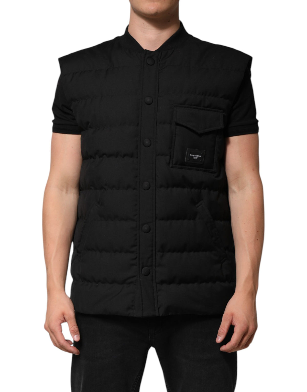Veste-parka noire sans manches Dolce & Gabbana avec plaque de logo.