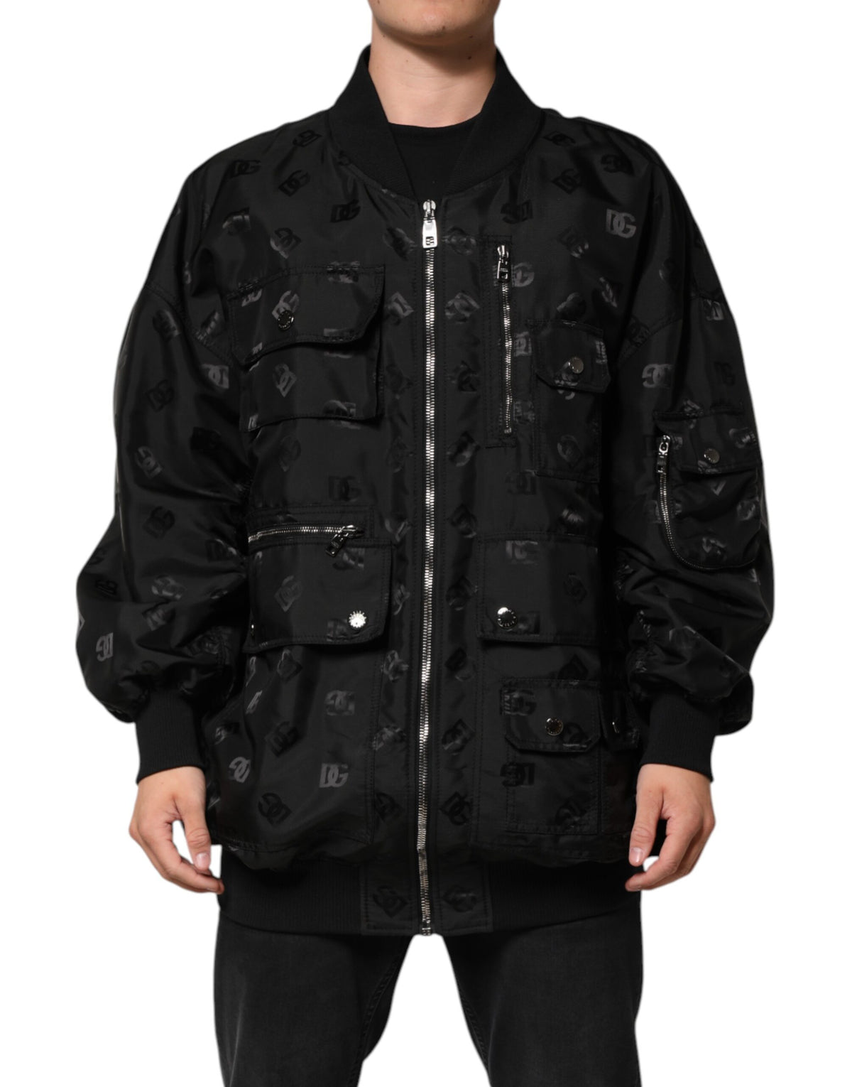 Veste coupe-vent cargo noire à logo mania de Dolce & Gabbana