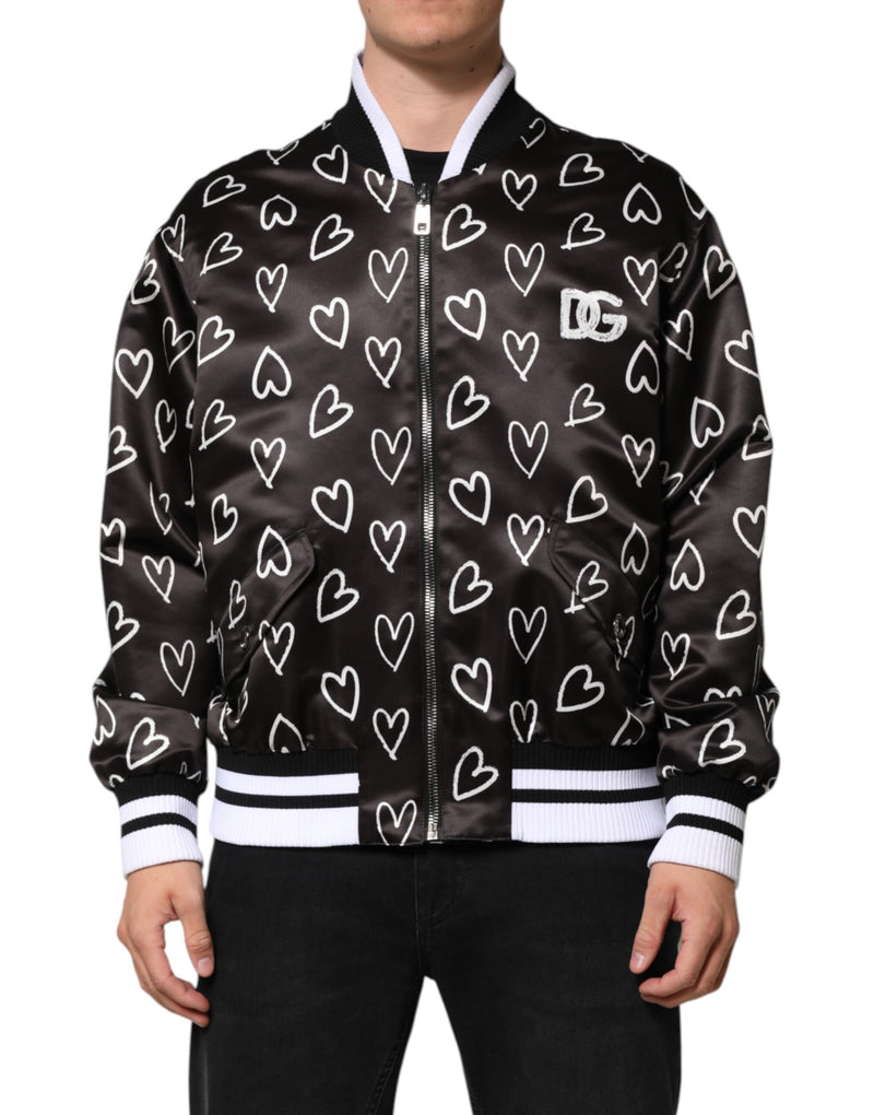 Bomber Jacket en Polyester Noir à Motif Coeur de Dolce & Gabbana