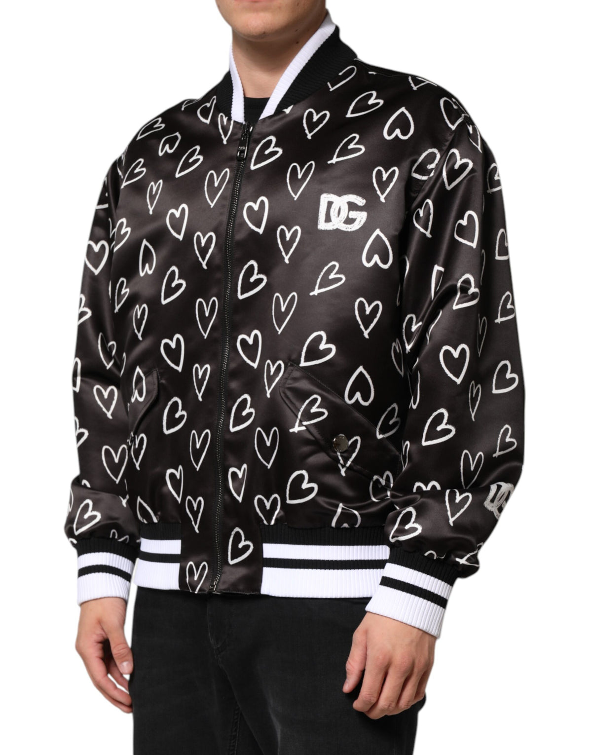 Bomber Jacket en Polyester Noir à Motif Coeur de Dolce & Gabbana