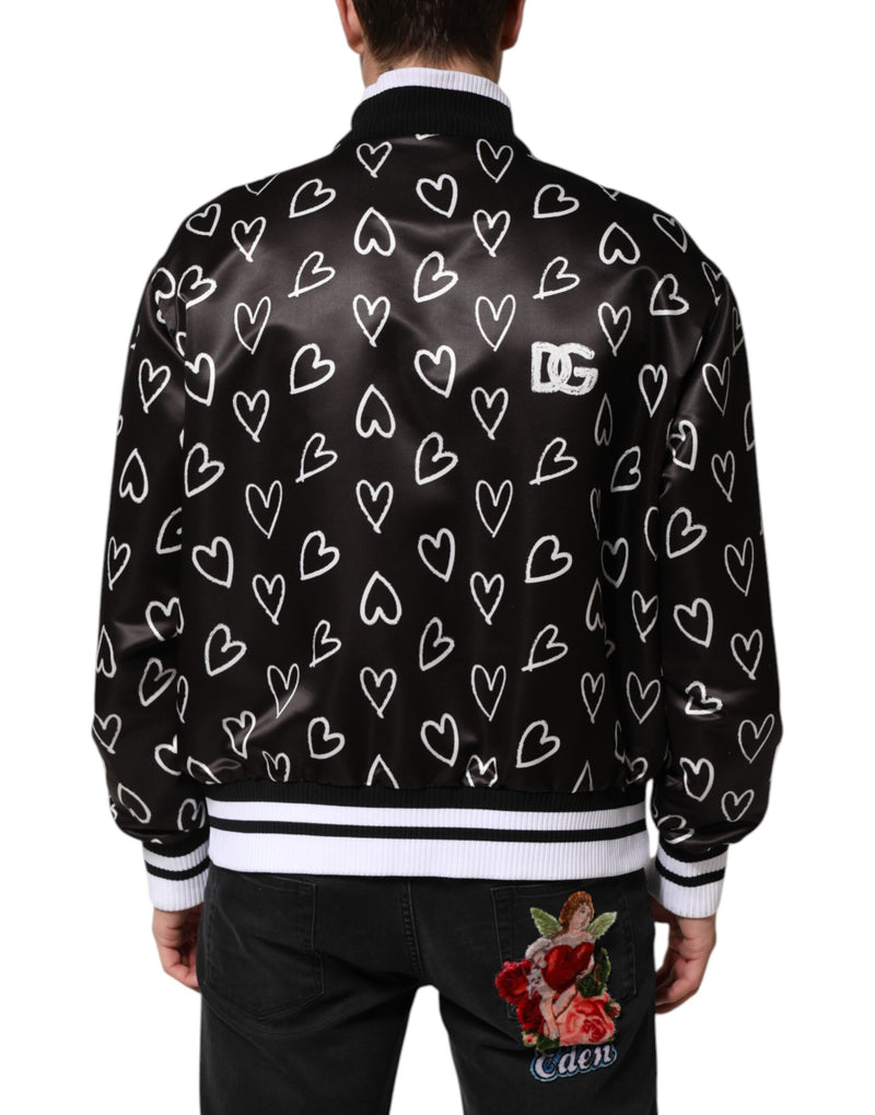 Bomber Jacket en Polyester Noir à Motif Coeur de Dolce & Gabbana
