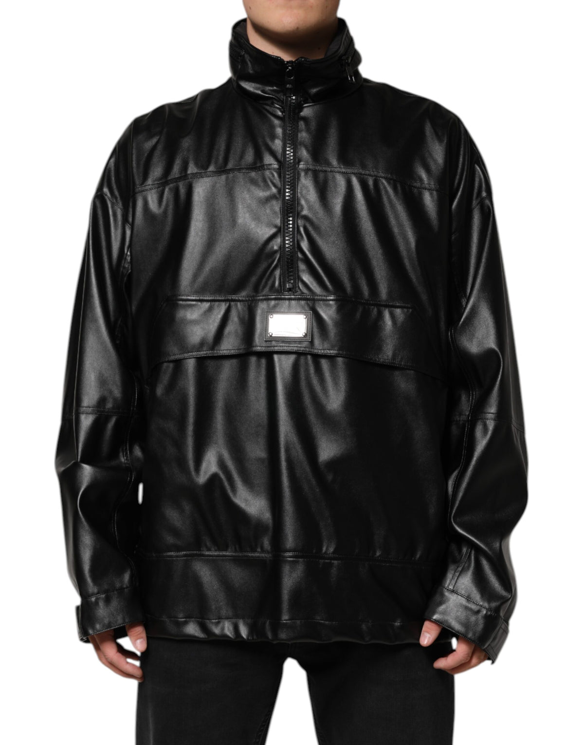 Bomber Jacket en Polyester Noir avec Logo et Plaques de Dolce & Gabbana