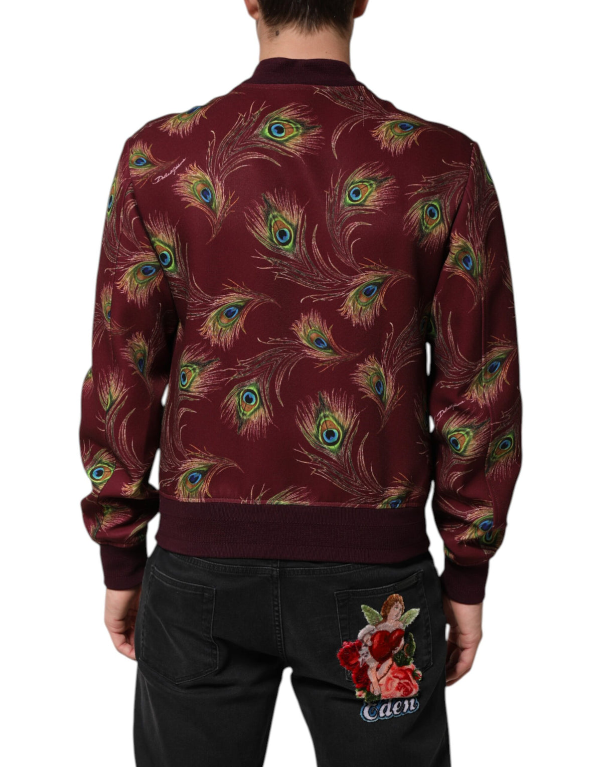 Bomber Jacket à Motif Plumes de Paon Marron Foncé de Dolce & Gabbana