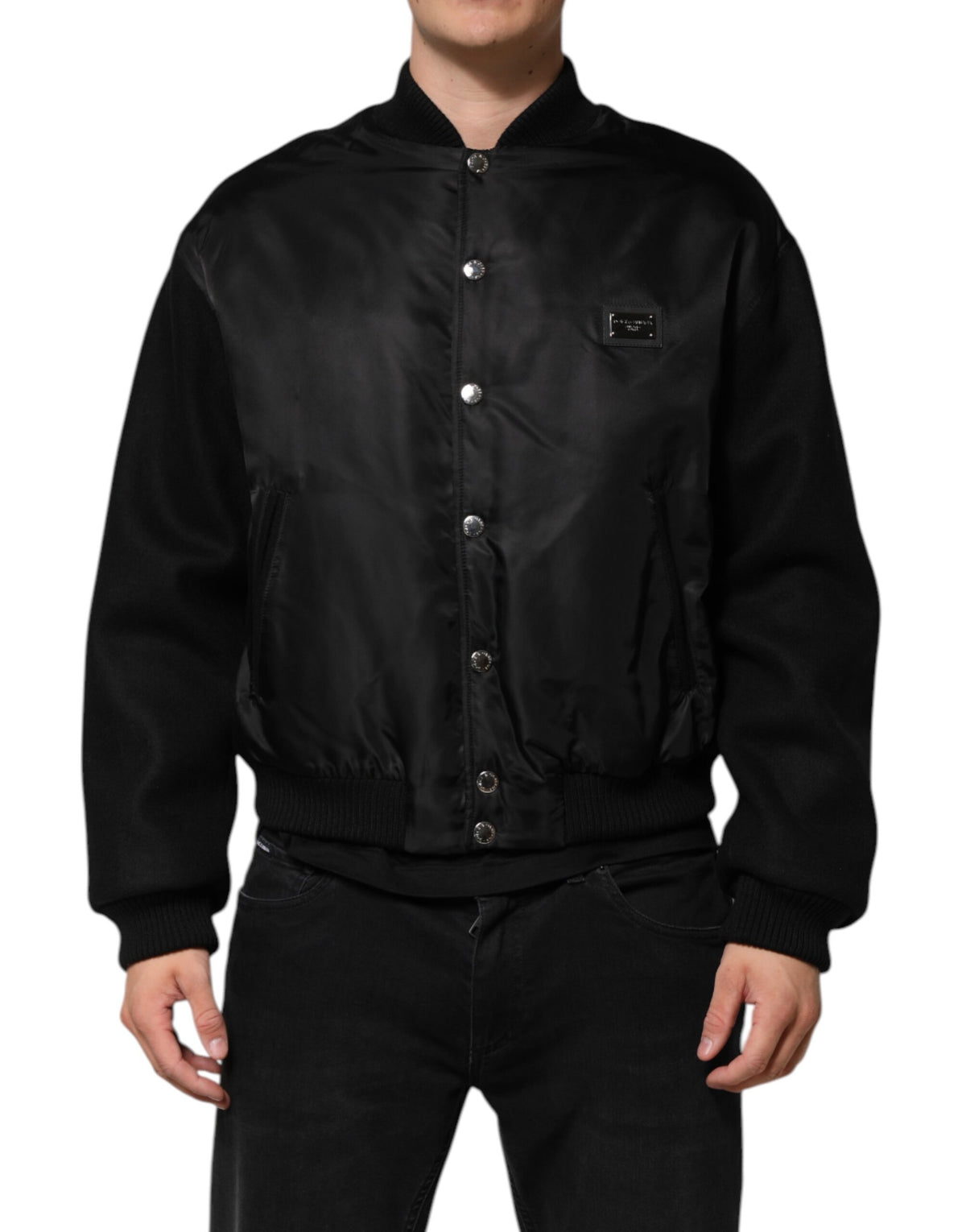 Bomber Jacket en Polyester Noir avec Logo et Plaques de Dolce & Gabbana