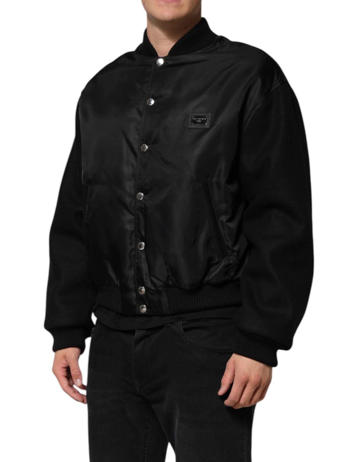 Bomber Jacket en Polyester Noir avec Logo et Plaques de Dolce & Gabbana