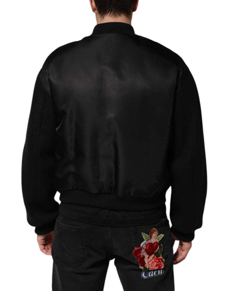 Bomber Jacket en Polyester Noir avec Logo et Plaques de Dolce & Gabbana