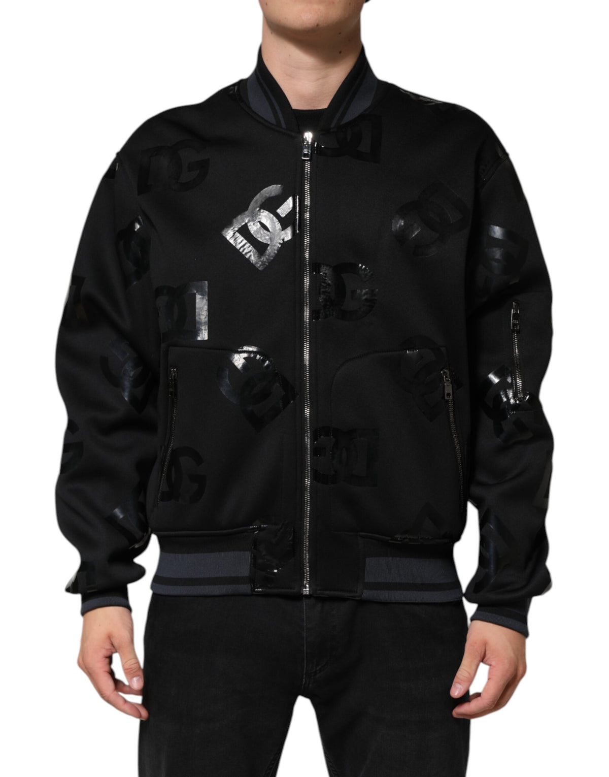 Bomber Jacket pour homme Dolce & Gabbana en laine noire avec logo DG Mania