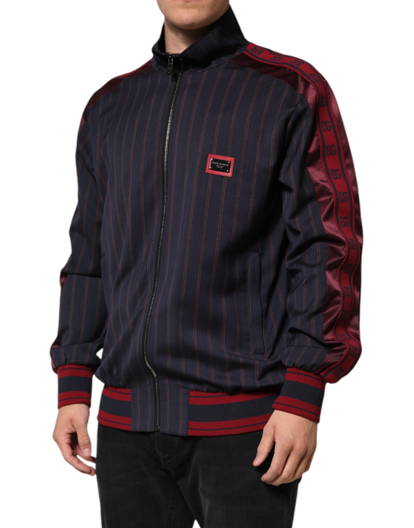 Dolce & Gabbana Blue Red Striped Logo Plaque Full Zip Jacket