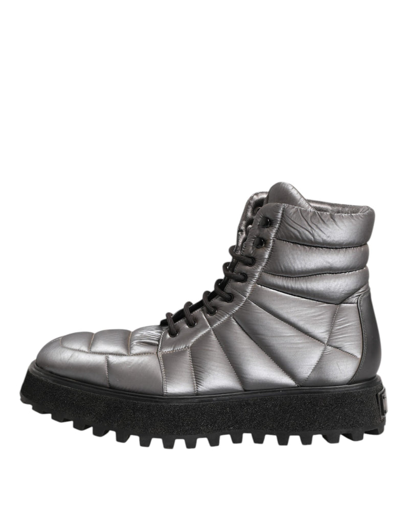 Dolce & Gabbana MICHELANGELO Silver Padded Mid Calf Lace Up Boots