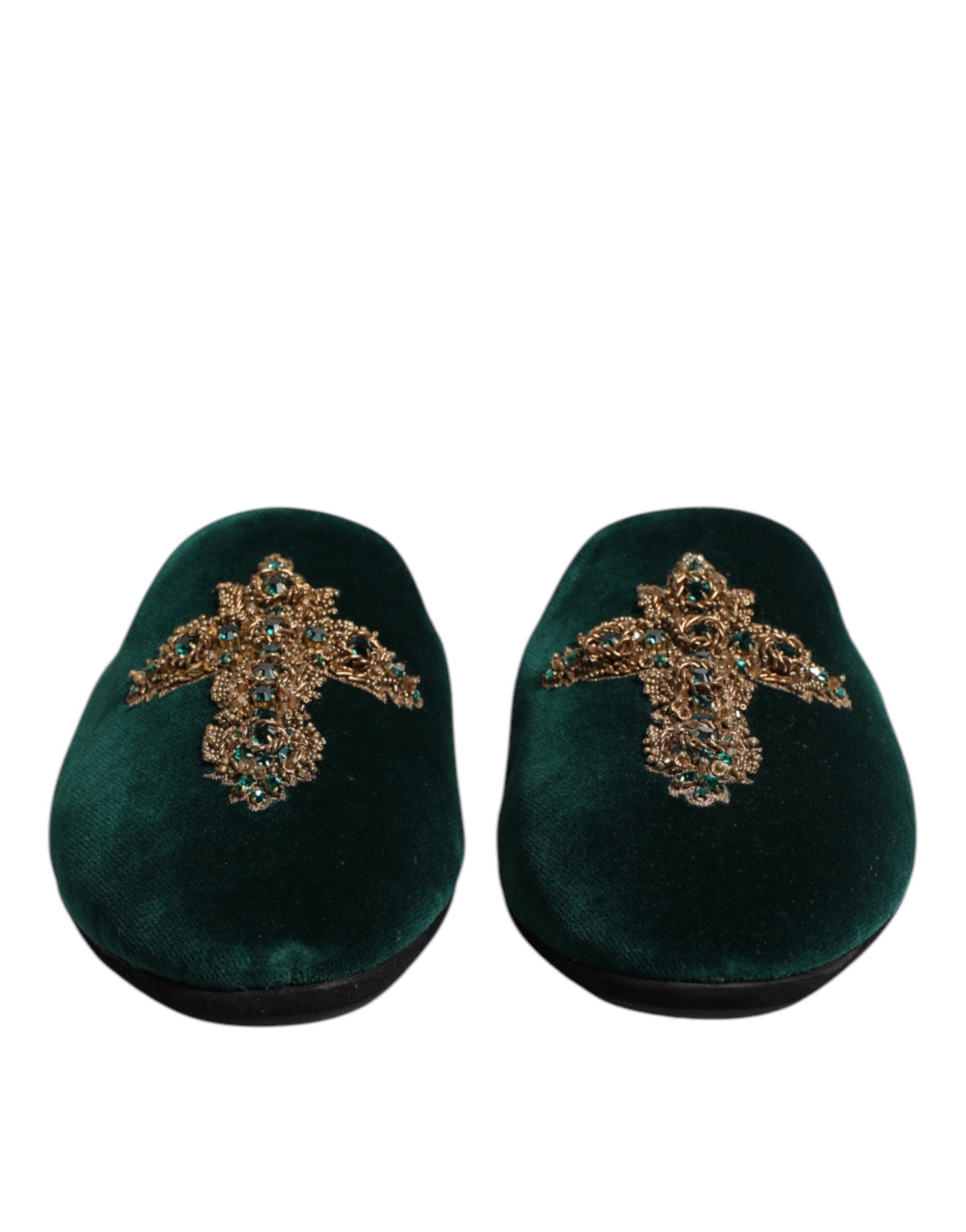 Dolce & Gabbana Green Velvet Cross Embellished Slippers