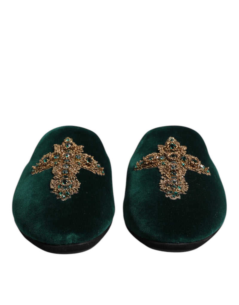 Dolce & Gabbana Green Velvet Cross Embellished Slippers