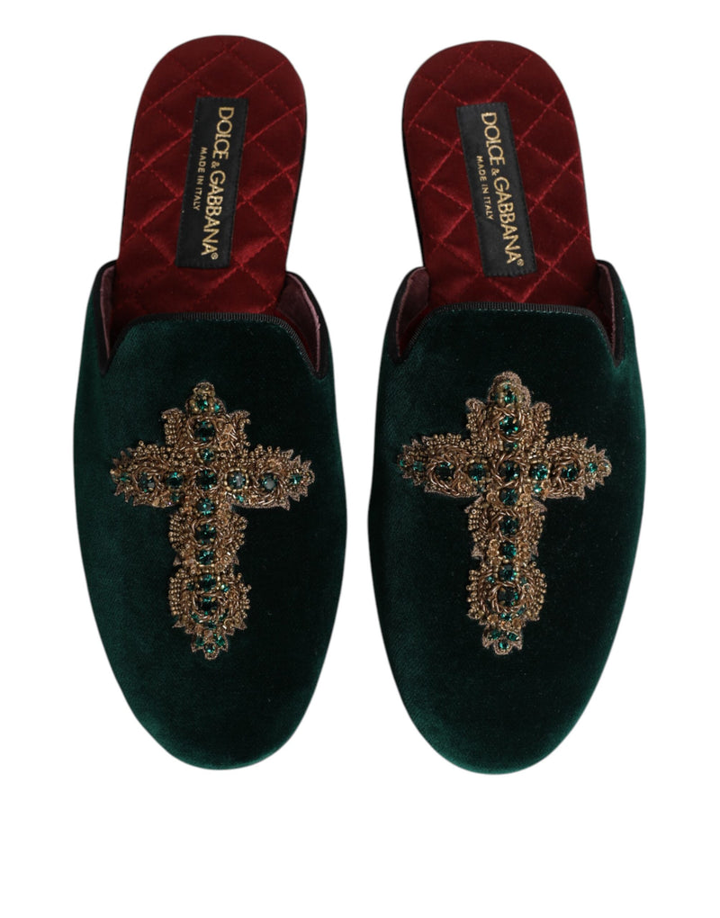 Dolce & Gabbana Green Velvet Cross Embellished Slippers