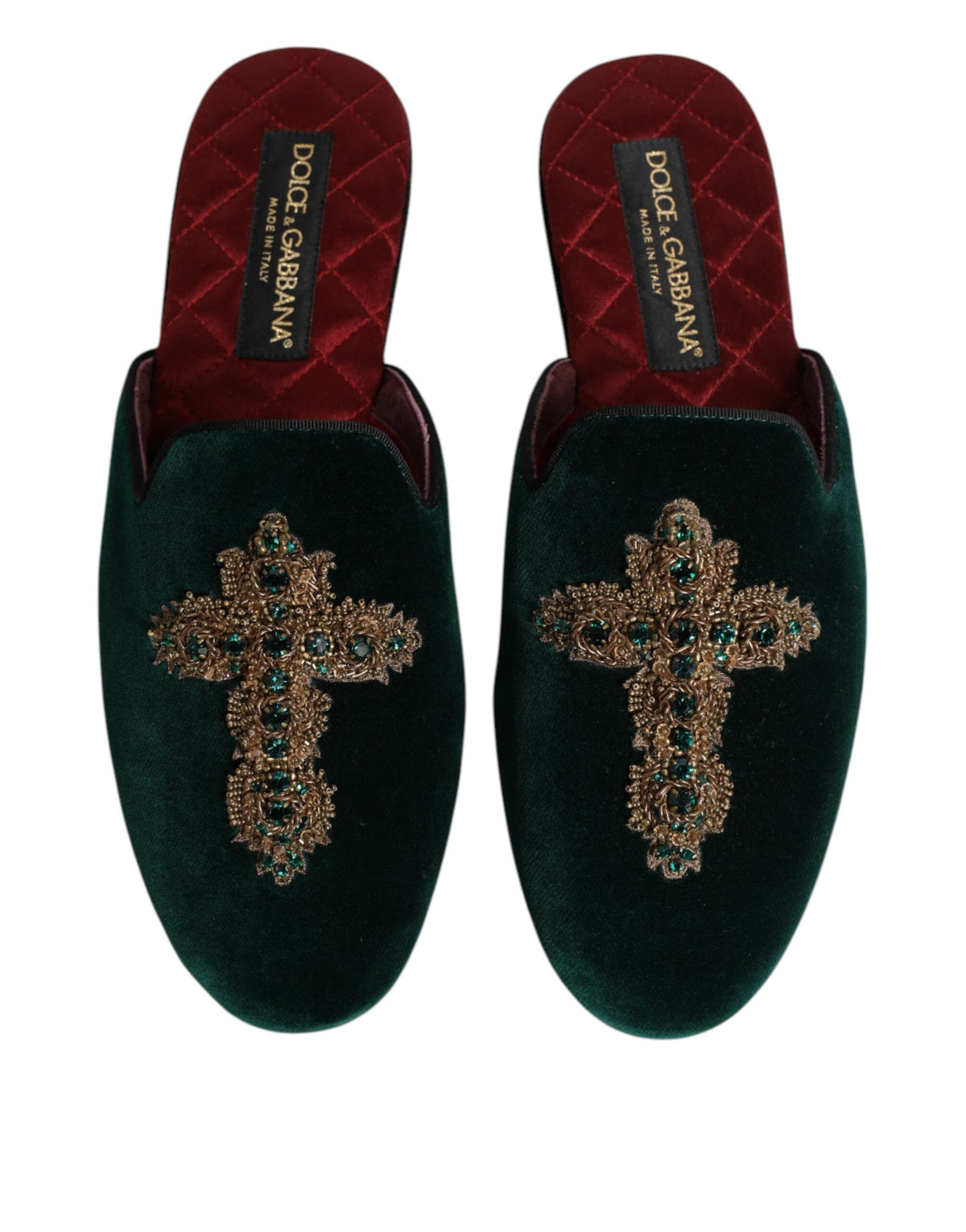 Dolce & Gabbana Green Velvet Cross Embellished Slippers