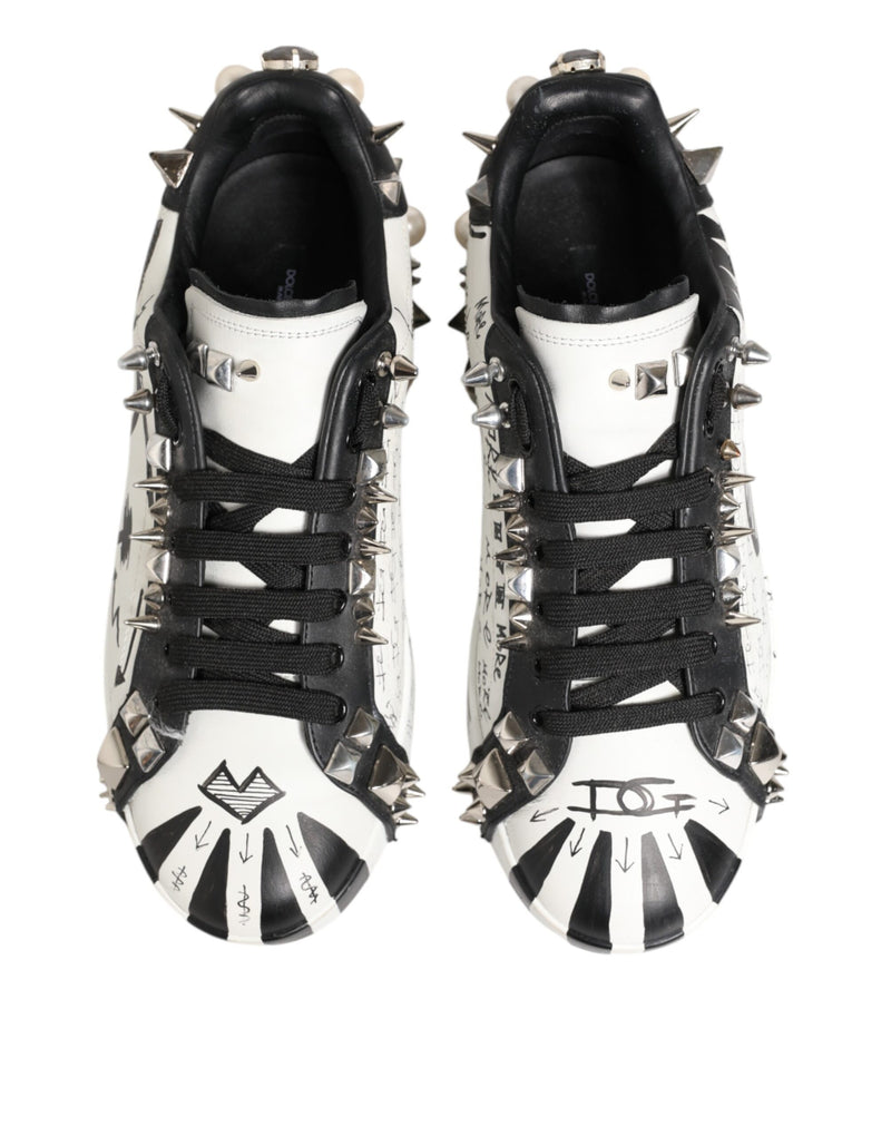 Dolce & Gabbana White Studded Printed Low Top Sneakers