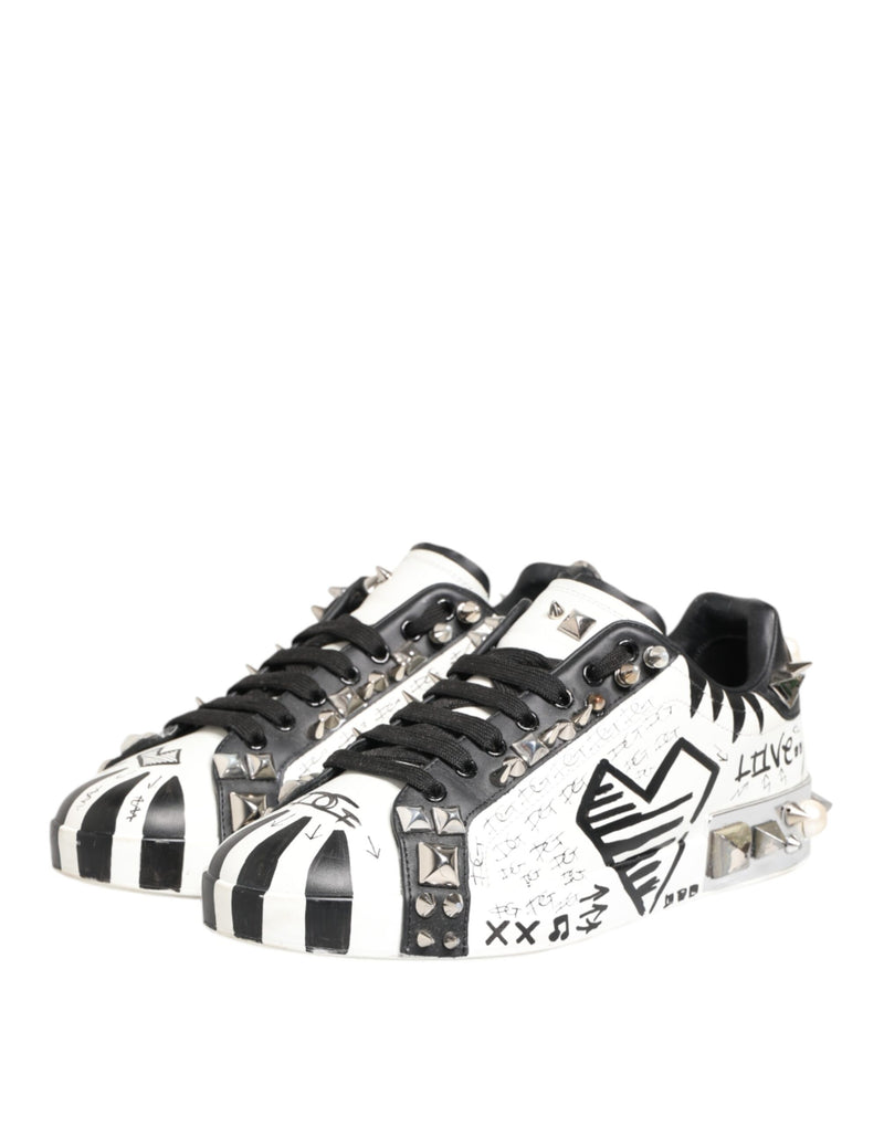 Dolce & Gabbana White Studded Printed Low Top Sneakers